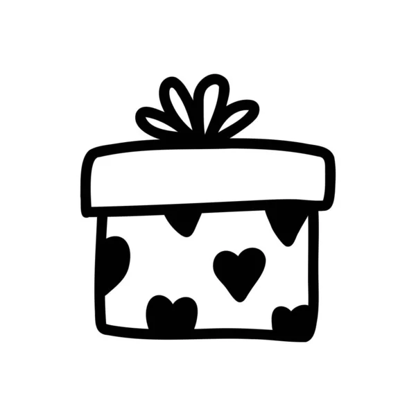 Coffret cadeau gribouillé dessiné à la main avec des cœurs et des rubans. Illustration vectorielle. — Image vectorielle