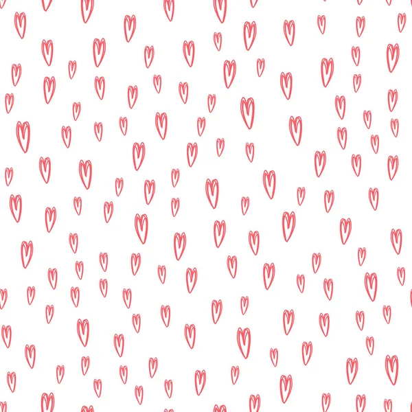 Nahtloses Muster mit handgezeichneten rosa Doodle-Herzen auf weißem Hintergrund — Stockvektor