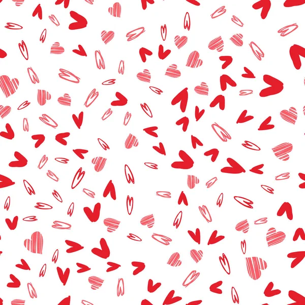 Nahtloses Muster mit handgezeichneten rosa und roten Doodle-Herzen auf weißem Hintergrund — Stockvektor