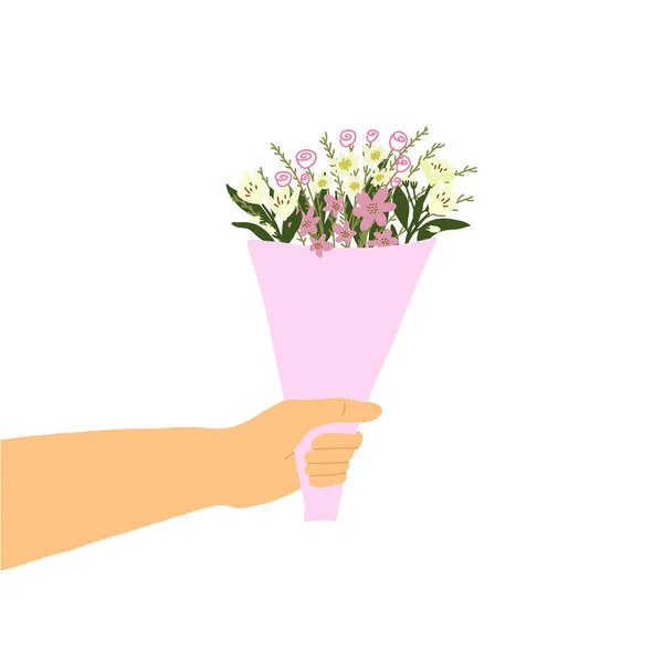 Hand with flowers bouqet in hand drawn flat style. Vector illustration for greeting card, web design for International Women s Day, Valentine s Day isolated on white background — ストックベクタ