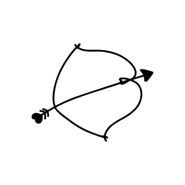 Ilustração vetorial de flecha com coração e arco em estilo doodle. Sílhueta de tinta preta sobre fundo branco — Vetor de Stock