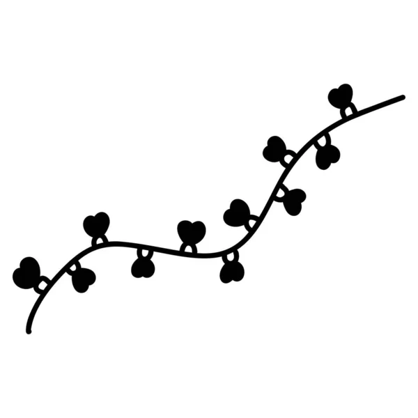 Ilustração vetorial de luzes guirlanda em forma de coração em estilo doodle. Sílhueta de tinta preta de lâmpadas, lanternas em fundo branco — Vetor de Stock