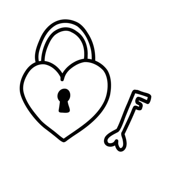 Vector illustration of hand drawing doodle heart shape padlock with key. Black ink silhouette on white background — Stockvektor