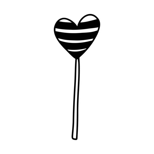 Vector illustration of lollipop on a stick in the shape of a heart in doodle style. Black ink silhouette on white background — Vetor de Stock