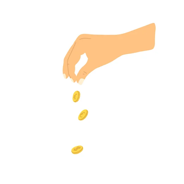 Vector illustration with hand giving money in cartoon hand drawn flat style. Hand with falling coins isolated on white background — Vetor de Stock