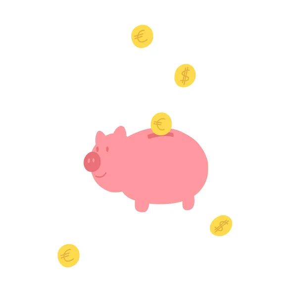 Piggy banco com moedas de ouro em estilo cartoon. Ilustração vetorial de economia de dinheiro, economia, investimento, conceito bancário. Lucro, rendimento, rendimento, fundo orçamental — Vetor de Stock