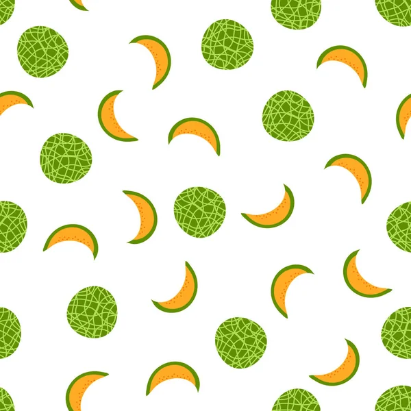 Melon whole and sliced seamless pattern on white background. Vector illustration of fresh cantaloupe melon fruit — Stock Vector