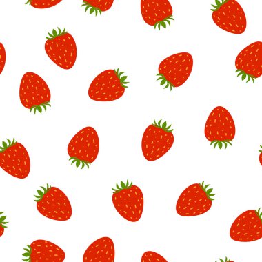 Kusursuz desenli, beyaz arka planda tatlı çilekli. Kırmızı, sulu böğürtlenin Vektör İllüstrasyonu