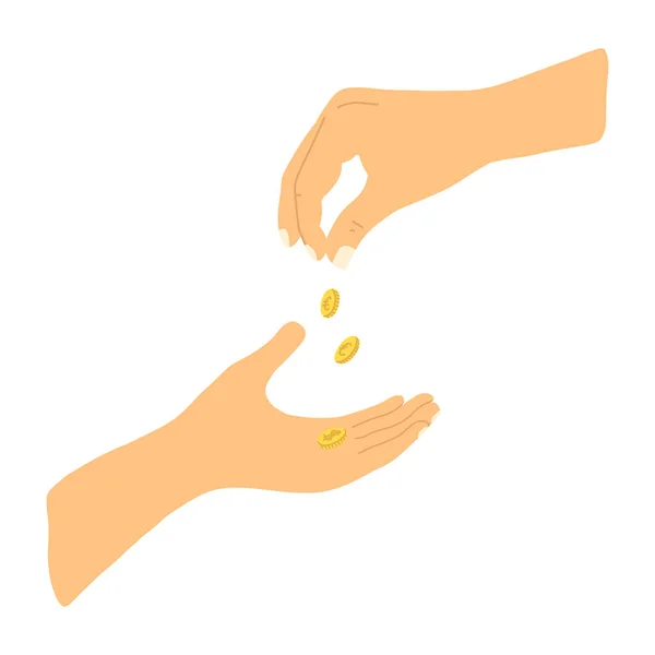 Ilustração vetorial com as mãos dando e recebendo dinheiro em desenho animado desenhado à mão estilo plano. Duas mãos com moedas isoladas no fundo branco — Vetor de Stock
