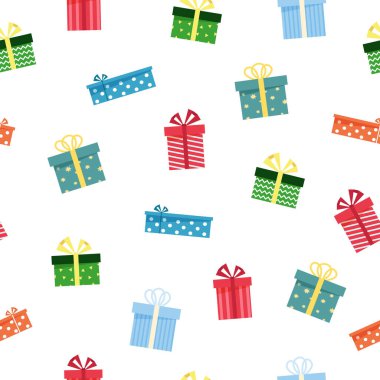 Renkli karikatür hediye kutuları beyaz üzerine renksiz vektör desenli. Tekstil, tasarım, kart, fidanlık, ambalaj kağıdı için canlı sonsuz arkaplan