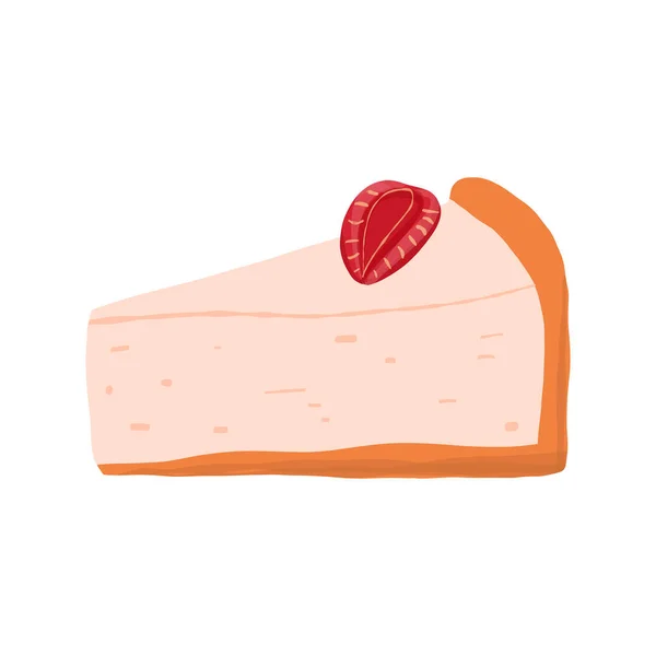 Fetta di cheesecake alla fragola con guarnizione di frutta in stile cartone animato disegnato a mano. Illustrazione di clip vettoriale isolata. — Vettoriale Stock