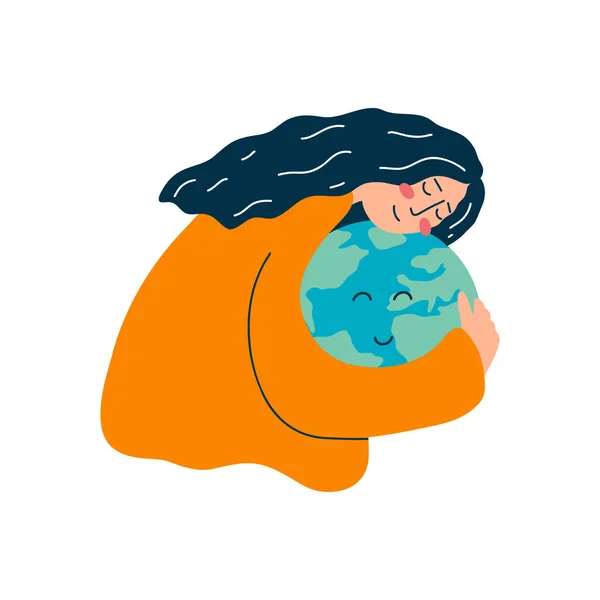 Ilustração vetorial de abraços de mulher jovem globo terrestre em estilo de desenho animado plana. O conceito de proteger o planeta, salvar a ecologia e o meio ambiente — Vetor de Stock