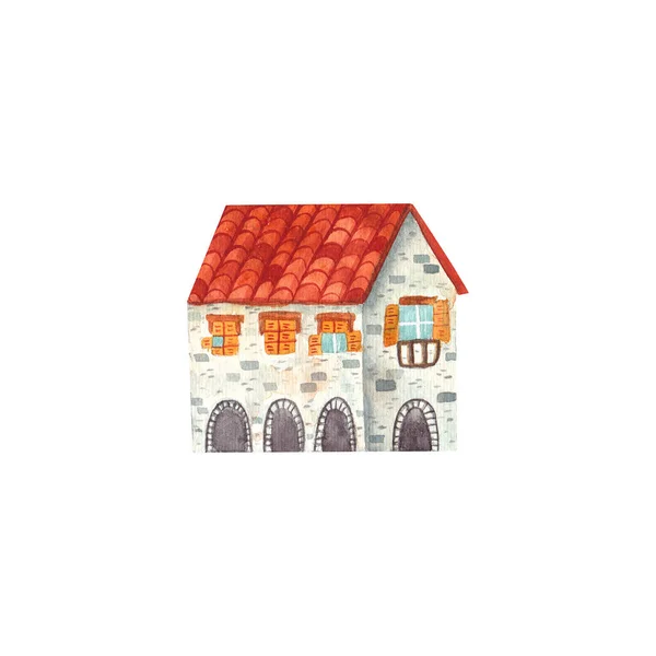 Przytulny ręcznie rysowane kreskówki akwarela domu. Ilustracja pięknego ceglanego budynku śródziemnomorskiego odizolowanego na białym tle — Zdjęcie stockowe
