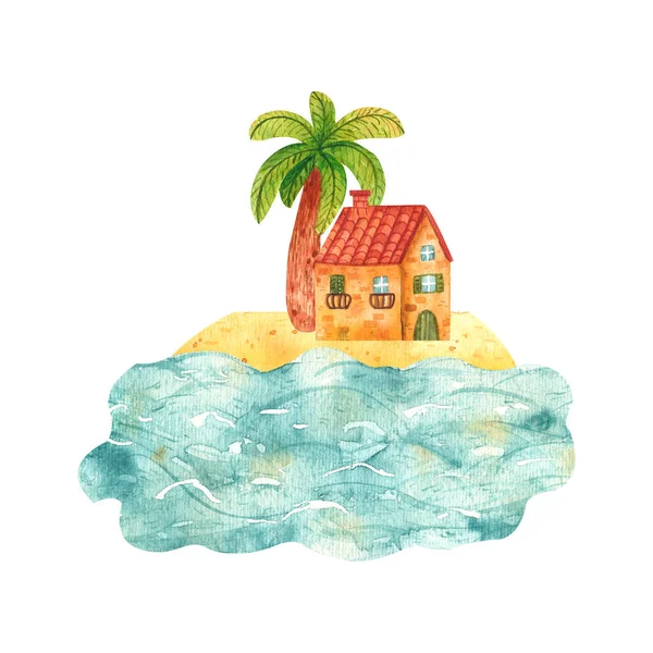 Aconchegante mão desenhada desenho animado aquarela casa pelo mar cercado por palmeira. Bela tijolo edifício mediterrâneo na costa. Ilustração da paisagem, natureza, férias de verão — Fotografia de Stock
