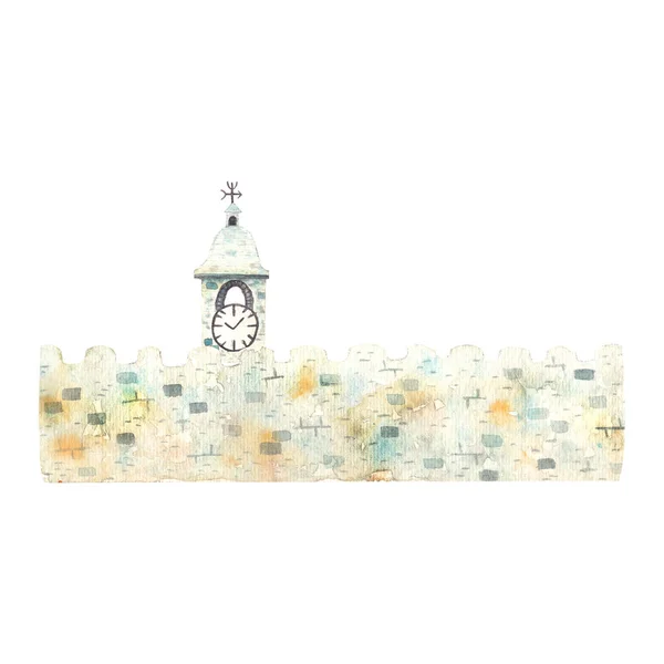 Muro di pietra acquerello disegnato a mano del castello con torre dell'orologio isolato su sfondo bianco. Illustrazione cartone animato — Foto Stock