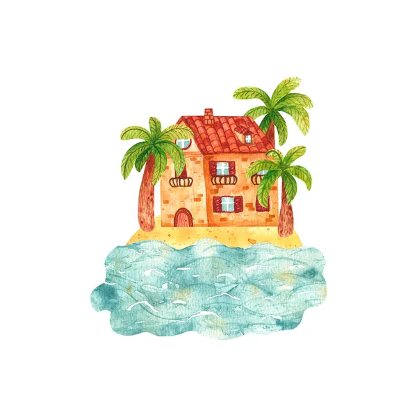 Casă confortabilă desene animate desenate de acuarelă lângă mare înconjurată de palmieri. Frumoasă clădire mediteraneană din cărămidă de pe mal. Ilustrație de peisaj, natură, vacanță de vară — Fotografie, imagine de stoc