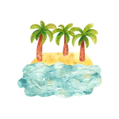 Deniz kenarındaki kumlu sahilde, beyaz arka planda izole edilmiş karikatür tarzında elle çizilmiş palmiye ağaçları. tropik ağaçlar