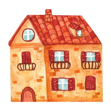 Samimi el çizimi karikatür suluboya ev deniz kenarında. Kıyıdaki güzel tuğlalı Akdeniz binası. Manzara, doğa, yaz tatili