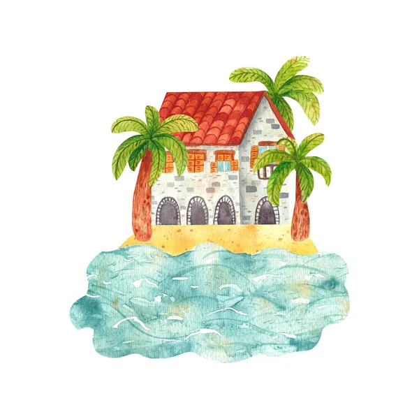 Acogedora casa de dibujos animados acuarela dibujado a mano por el mar rodeado de palmeras. Hermoso edificio mediterráneo de ladrillo en la orilla. Ilustración de paisaje, naturaleza, vacaciones de verano — Foto de Stock