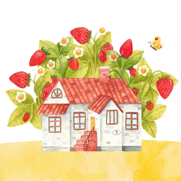 Handritade akvarell lodge hus omgivet av jordgubbsgrenar isolerade på vit bakgrund. Sommar lantlig lodge på ängen bland grönska färska bär med blad och blomma — Stockfoto