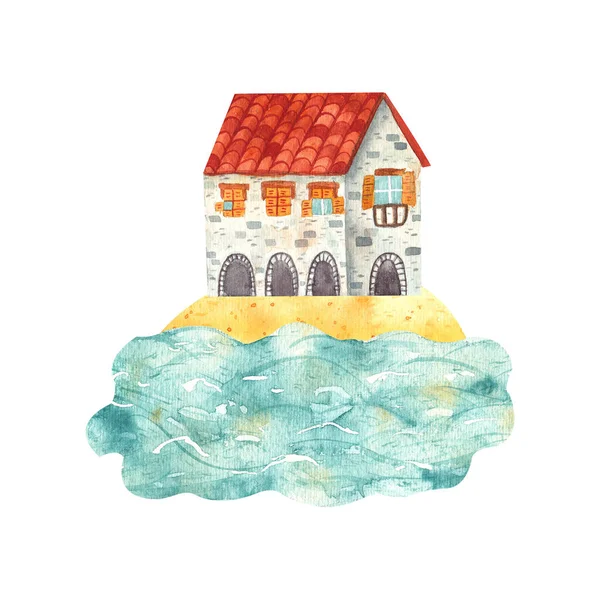 Hangulatos kézzel rajzolt rajzfilm akvarell ház a tenger mellett. Gyönyörű tégla mediterrán épület a parton. A táj, a természet, a nyári szünet illusztrációja — Stock Fotó