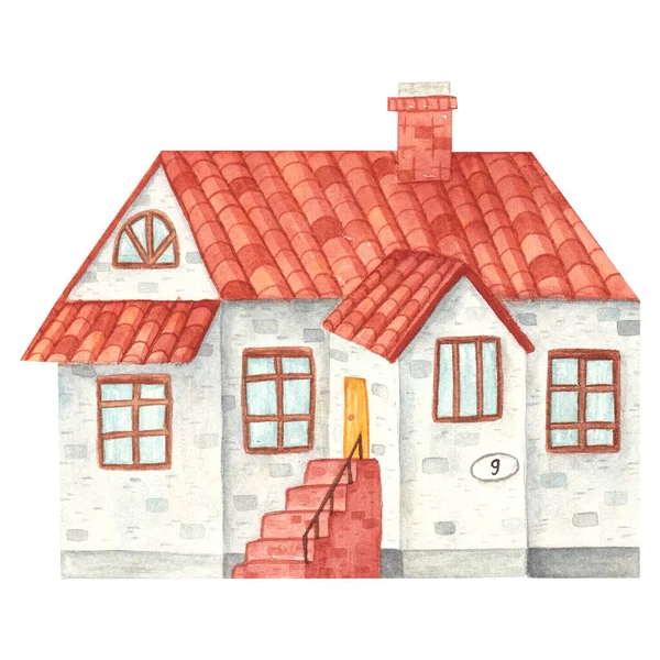 Casa acuarela dibujada a mano con techo de baldosas, porche, chimenea aislada sobre fondo blanco. Lindo y acogedor lodge rural en colores gris y marrón —  Fotos de Stock