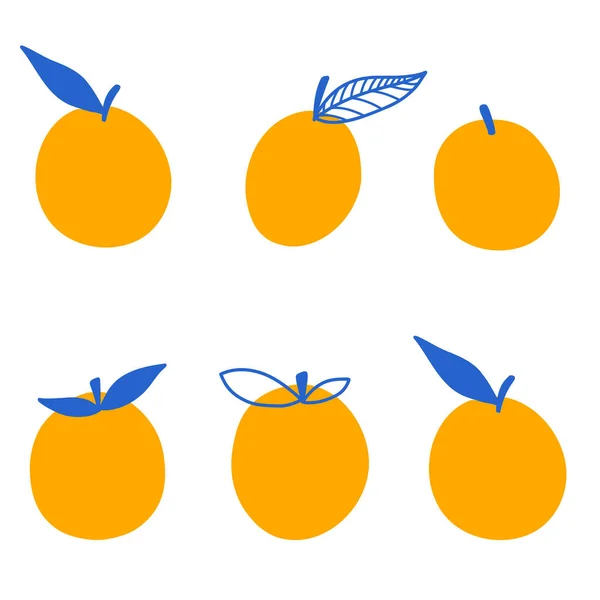 Uppsättning apelsinfrukter med blad i tecknad platt stil. Vektor klotter illustration — Stock vektor