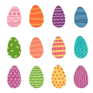 Çizgi filmlerdeki gibi komik süslemeli renkli Paskalya yumurtaları. Dekorasyon için bahar tatili seti