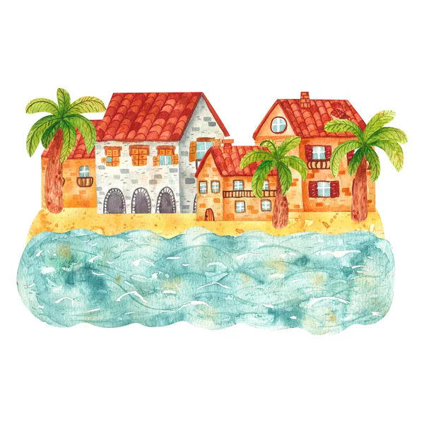 Aconchegante mão desenhada desenhos animados aquarela casas da cidade pelo mar. Belas construções mediterrâneas de tijolo na costa. Ilustração da paisagem, natureza, férias de verão — Fotografia de Stock