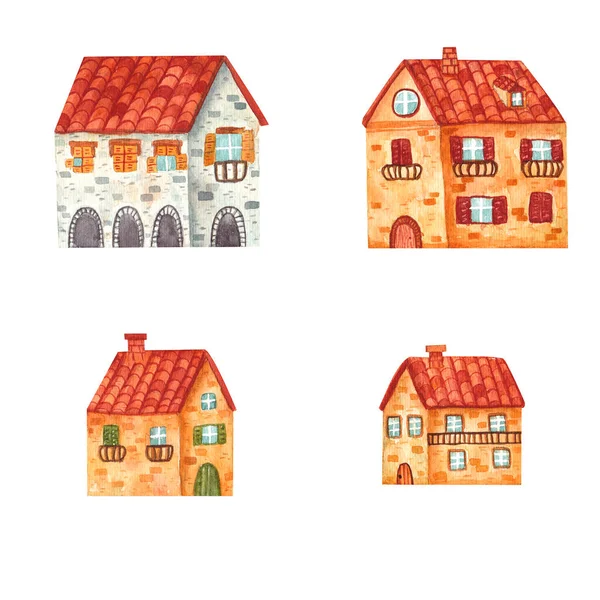 Conjunto de acogedoras casas dibujadas a mano de dibujos animados acuarela. Ilustración de hermoso edificio mediterráneo de ladrillo aislado sobre fondo blanco —  Fotos de Stock