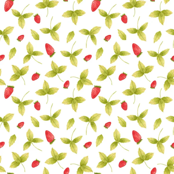 Χειροποίητο υδατογραφία φράουλα χωρίς ραφή μοτίβο σε λευκό φόντο. Φρέσκα καλοκαιρινά μούρα με φύλλα και λουλούδια ταπετσαρία — Φωτογραφία Αρχείου