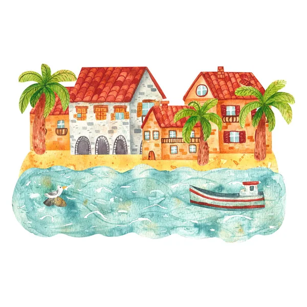 손으로 그린 아늑 한 색깔의 만화같은 도시 수채화 집들 이 바다 옆에 있다. 아름다운 벽돌 건물들 이 해변가에 있습니다. 풍경, 자연, 여름휴가의 예 — 스톡 사진