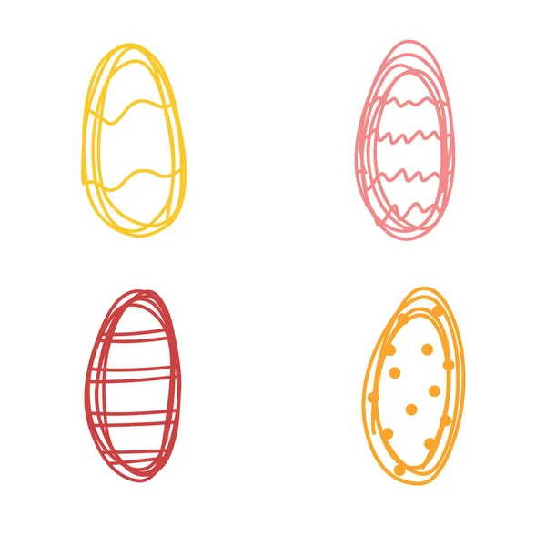 Conjunto de coloridos huevos de Pascua dibujados a mano con adorno en estilo infantil de dibujos animados. Ilustración de garabatos vectoriales — Vector de stock