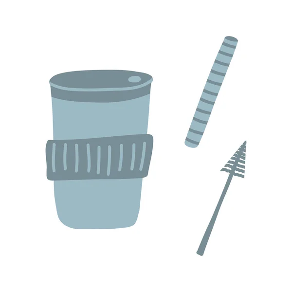 Bicchiere tazza con paglia e pennello in stile piatto cartone animato. Illustrazione vettoriale di tazze riutilizzabili zero rifiuti e termo tazza per caffè, tè e altre bevande — Vettoriale Stock