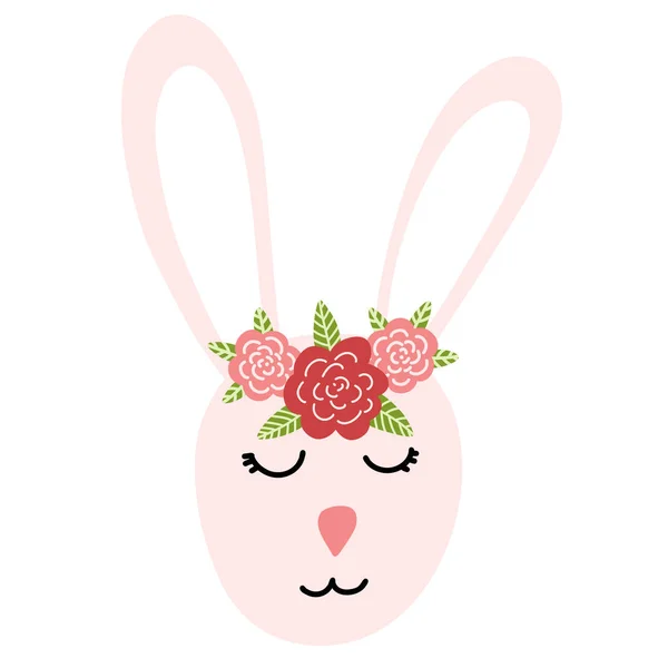 Симпатичное лицо зайчика с цветами в карикатурном плоском стиле, изолированное на белом фоне. Пасхальный кролик для печати, детский дизайн. Векторная иллюстрация морды сладкого животного — стоковый вектор
