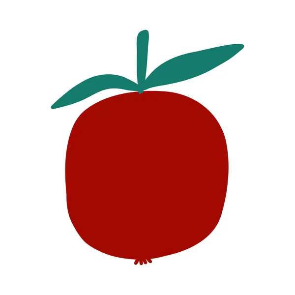 Buah delima dengan daun hijau dan biji merah dalam gaya rata kartun pada latar belakang putih. Vektor ilustrasi buah segar berwarna-warni - Stok Vektor
