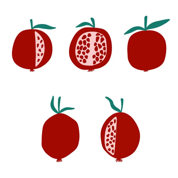 Set buah delima dengan daun hijau dan biji merah dalam gaya rata kartun pada latar belakang putih. Vektor ilustrasi buah segar berwarna-warni - Stok Vektor