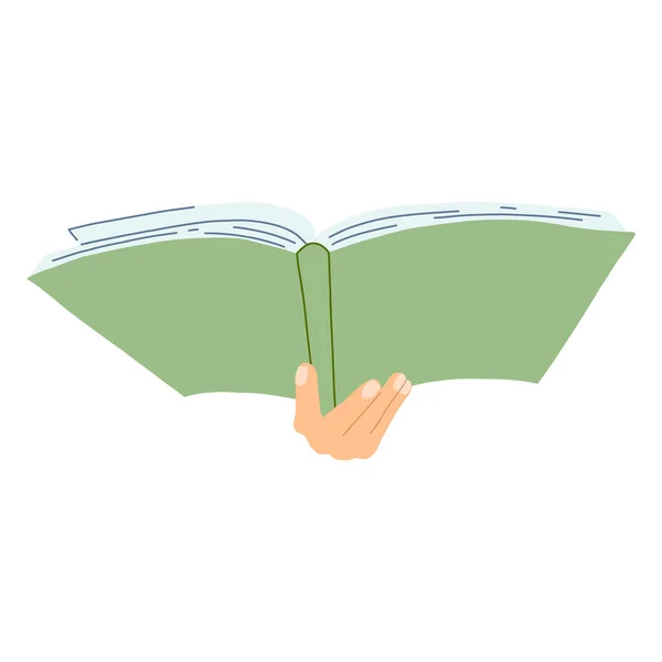 Hand met boek in cartoon platte stijl. Concept van World Book Day, studeren, leren. Vector illustratie van open woordenboek, encyclopedieën, planner. — Stockvector