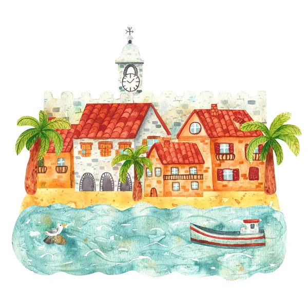 Gemütliche handgezeichnete Cartoon-Aquarellhäuser der Stadt, umgeben von Palmen am Meer. Gebäude und eine Burg mit einem Turm und einer Uhr am Ufer. Illustration von Landschaft, Natur, Sommerurlaub — Stockfoto