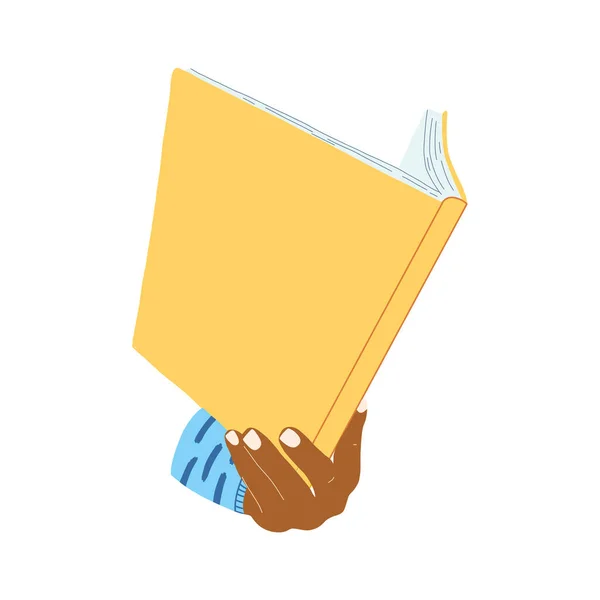 Hand met boek in cartoon platte stijl. Concept van World Book Day, studeren, leren. Vector illustratie van open woordenboek, encyclopedieën, planner. — Stockvector
