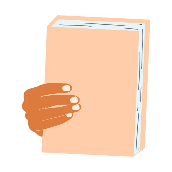 Hand met boek in cartoon platte stijl. Concept van World Book Day, studeren, leren. Vector illustratie van open woordenboek, encyclopedieën, planner. — Stockvector