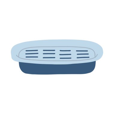 Çizgi film gibi düz bir kedi tepsisi. Kedi yavruları için hijyen aksesuarlarının vektör çizimi, beyaz arka planda izole tuvalet.