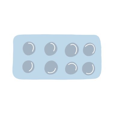 Beyaz arka planda izole edilmiş karikatür tarzı haplı kabarcıklar. İnsanlar ve hayvanlar için ilaç illüstrasyonları, besin takviyeleri, vitaminler.