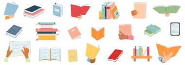 Dünya kitap günü konsepti, okumak, öğrenmek. Çizgi film tarzı bir yığın kitap. Elle çizilmiş eğitimsel, ansiklopedi, planlayıcı illüstrasyonuName.