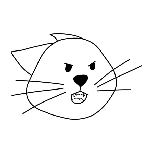 Doodle portret van chagrijnige kat. Boos poesje, lijndier fictief personage geïsoleerd op wit. Handgetekende vectorillustratie — Stockvector