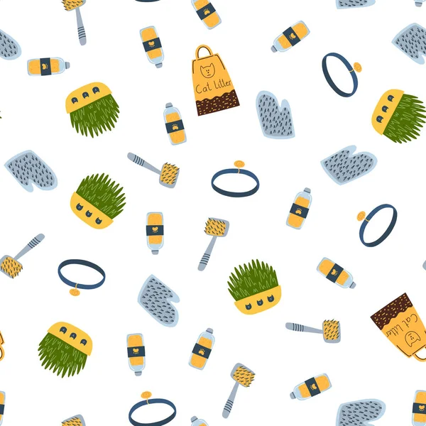 Seamless pattern with cat pet accessories in cartoon flat style. Colorful cat litter, collar, comb, kitty grass, shampoo on white background — Vettoriale Stock