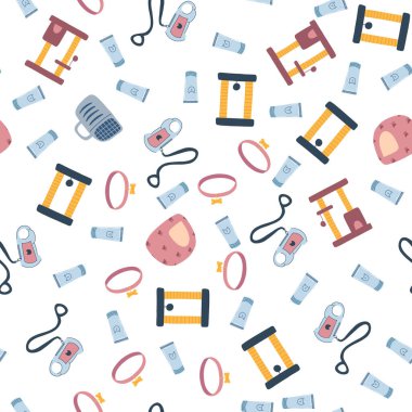 Düz çizgi film tarzında kedi besleme aksesuarlarıyla kusursuz desen. Renkli taşıyıcı çanta, tırmalama direği, tasma, kedi evi, beyaz arka planda köpek tasması