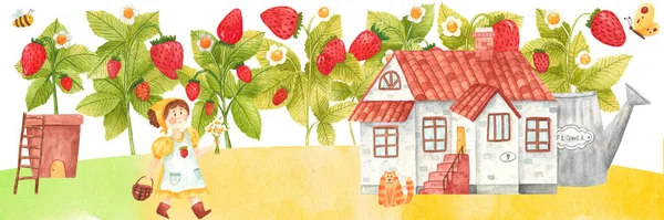 Ręcznie rysowane akwarela łąka fantasy z truskawkami, wiejski dom, konewka, doniczka. Kolorowy bajkowy letni krajobraz na białym tle — Zdjęcie stockowe