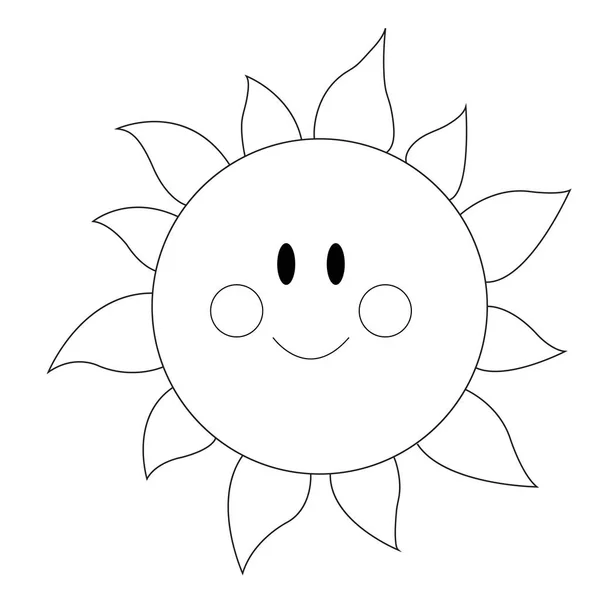 Doodle tecknad sol med ett lyckligt uttryck. Vektor linje konst illustration, logotyp, barn färg sida — Stock vektor