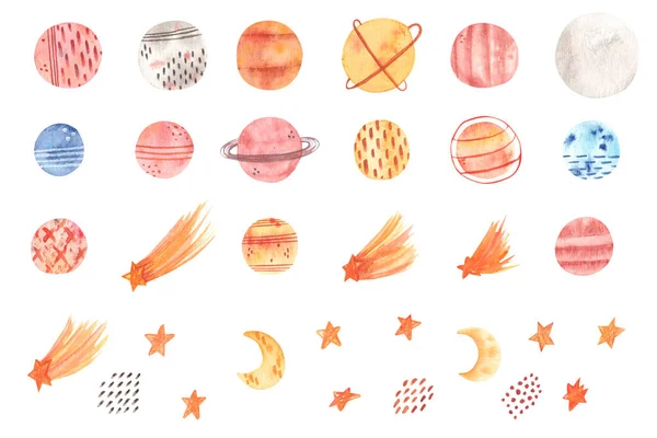 Set of colorful watercolor planet, stars, comet, moon isolated on white background. Hand drawn space elements for print, textile, kids design — ストック写真